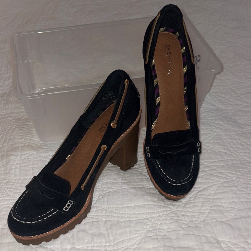 Sperry Black Heeled Loafers